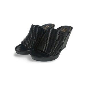 Rachel Zoe Keyla Slide Wedge Black Leather Open-Toe Sandals
